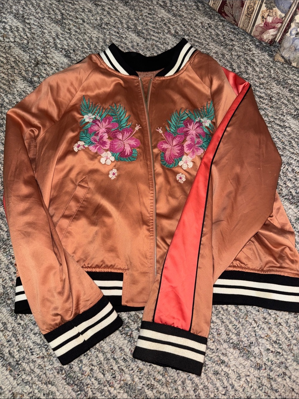 Mossimo Supply Co. Copper Satin Floral Embroidered Bomber Jacket
